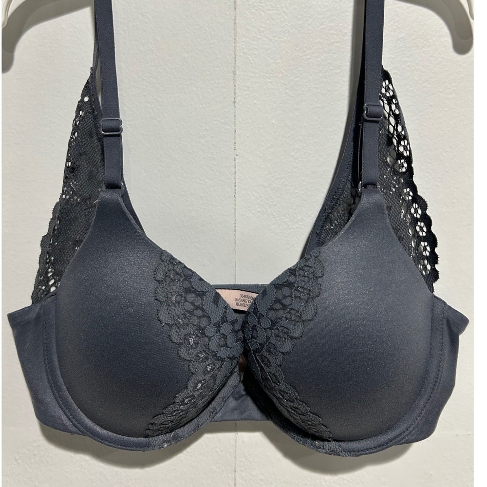 Victoria's Secret Gray Perfect Shape Bra Women 32C Lace Trim Underwire Padded